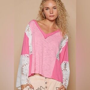 POL V-Neck Long Flare Sleeve Lace Detail Solid Top Sale